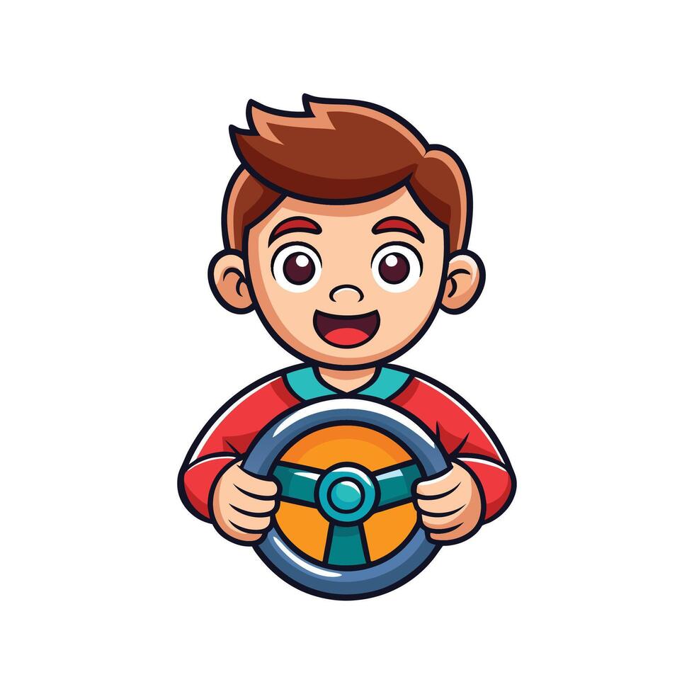 Boy Pretending to Drive with Toy Steering Wheel vector