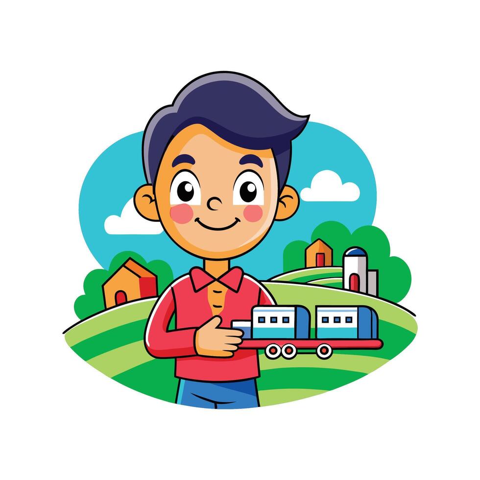 Boy with Toy Train Set Imagining Adventure vector