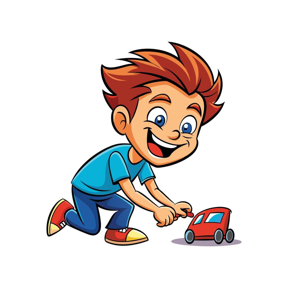 Child Running with Toy Car in Cartoon Style vector