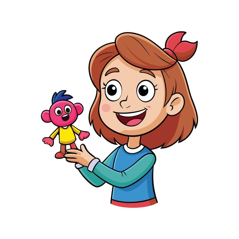Playful Girl with Puppet on Hand vector