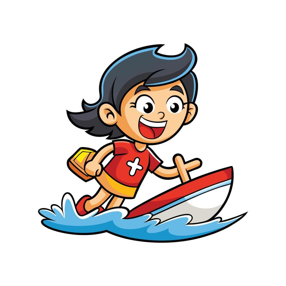 Child Pretending to Race Toy Boat vector