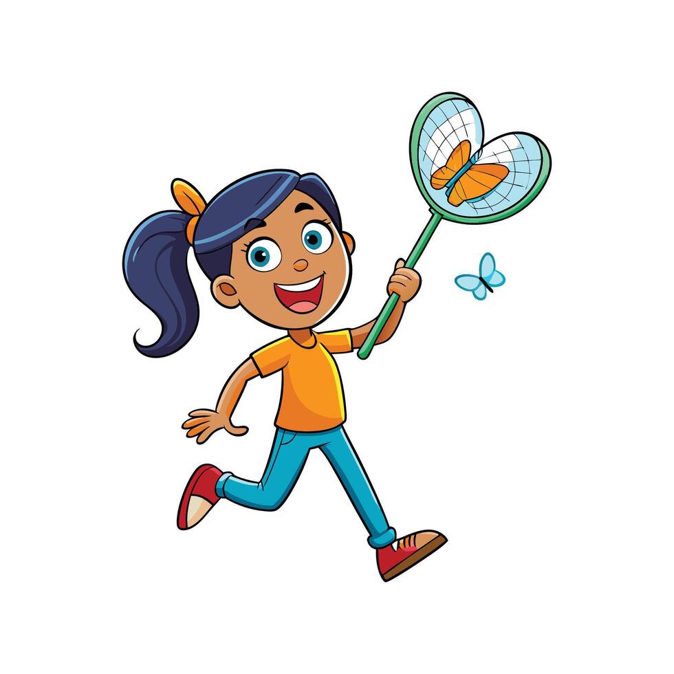 Playful Child with Butterfly Net vector