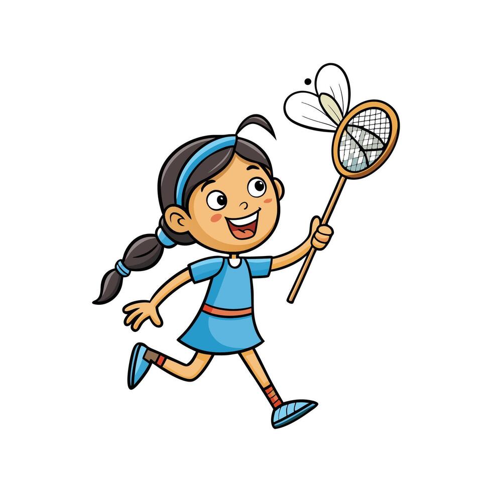 Girl Enjoying Chasing Butterflies with Net vector