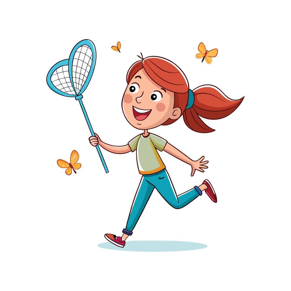Girl With Butterfly Net in Happy Play vector