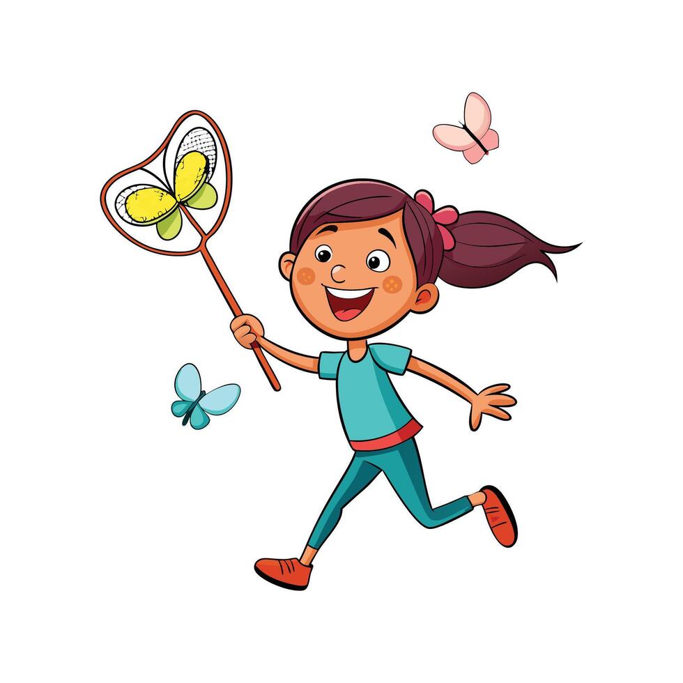 Child Chasing Butterflies with Joyful Net vector