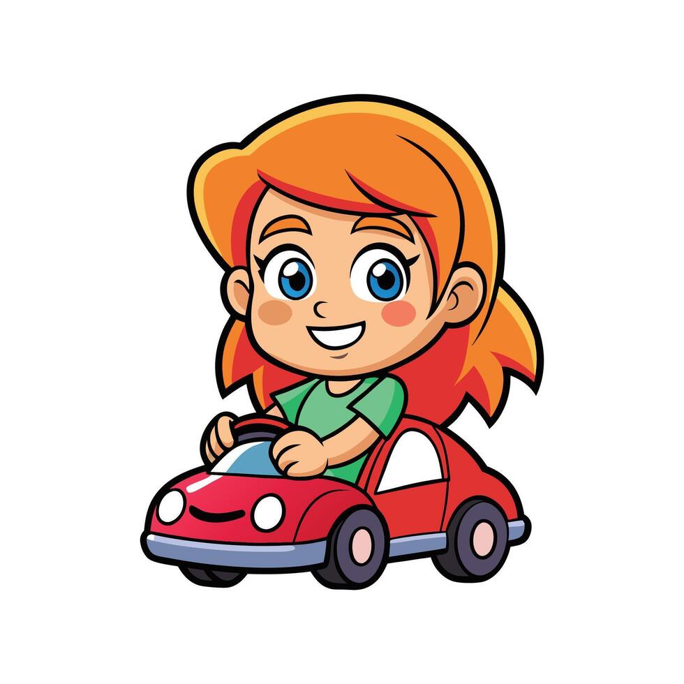 Playful Girl Driving Toy Car vector