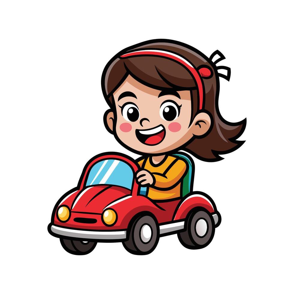 Girl with Toy Car Pretending to Drive vector