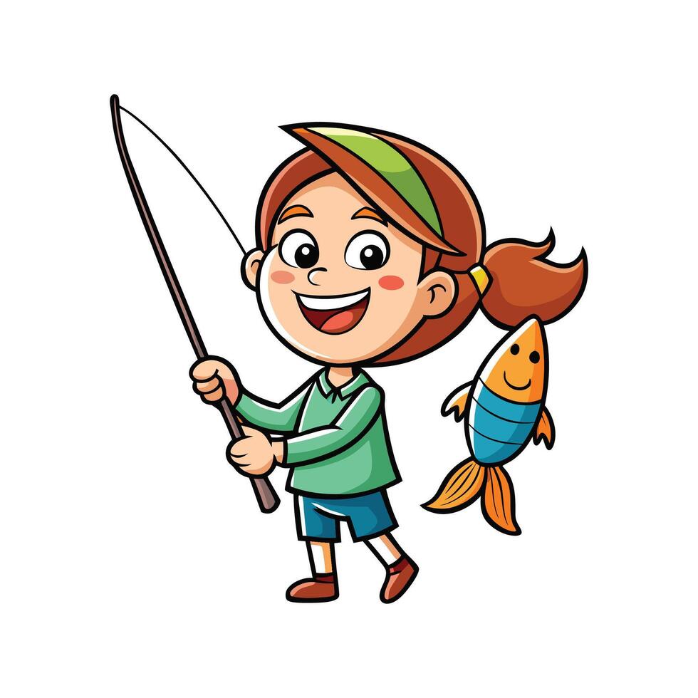 Girl Pretending to Fish with Toy Rod vector