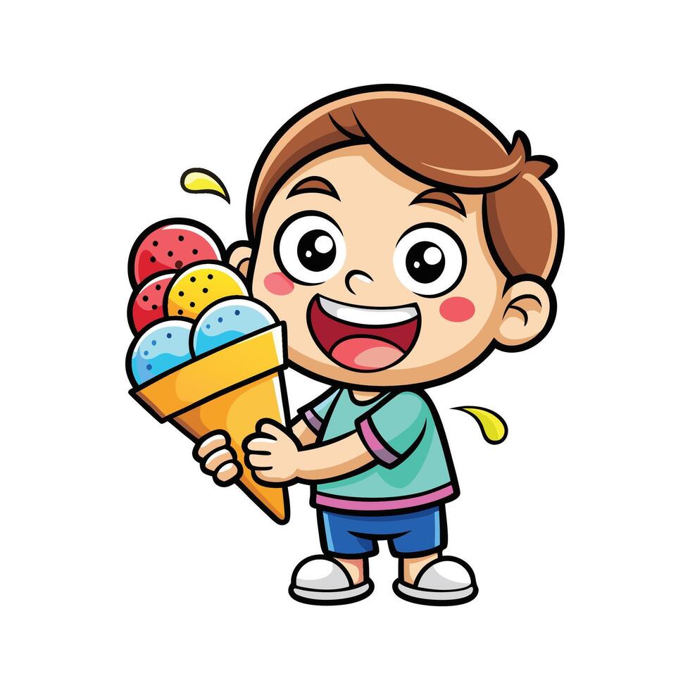 Girl Delightfully Holding a Big Ice Cream Cone vector