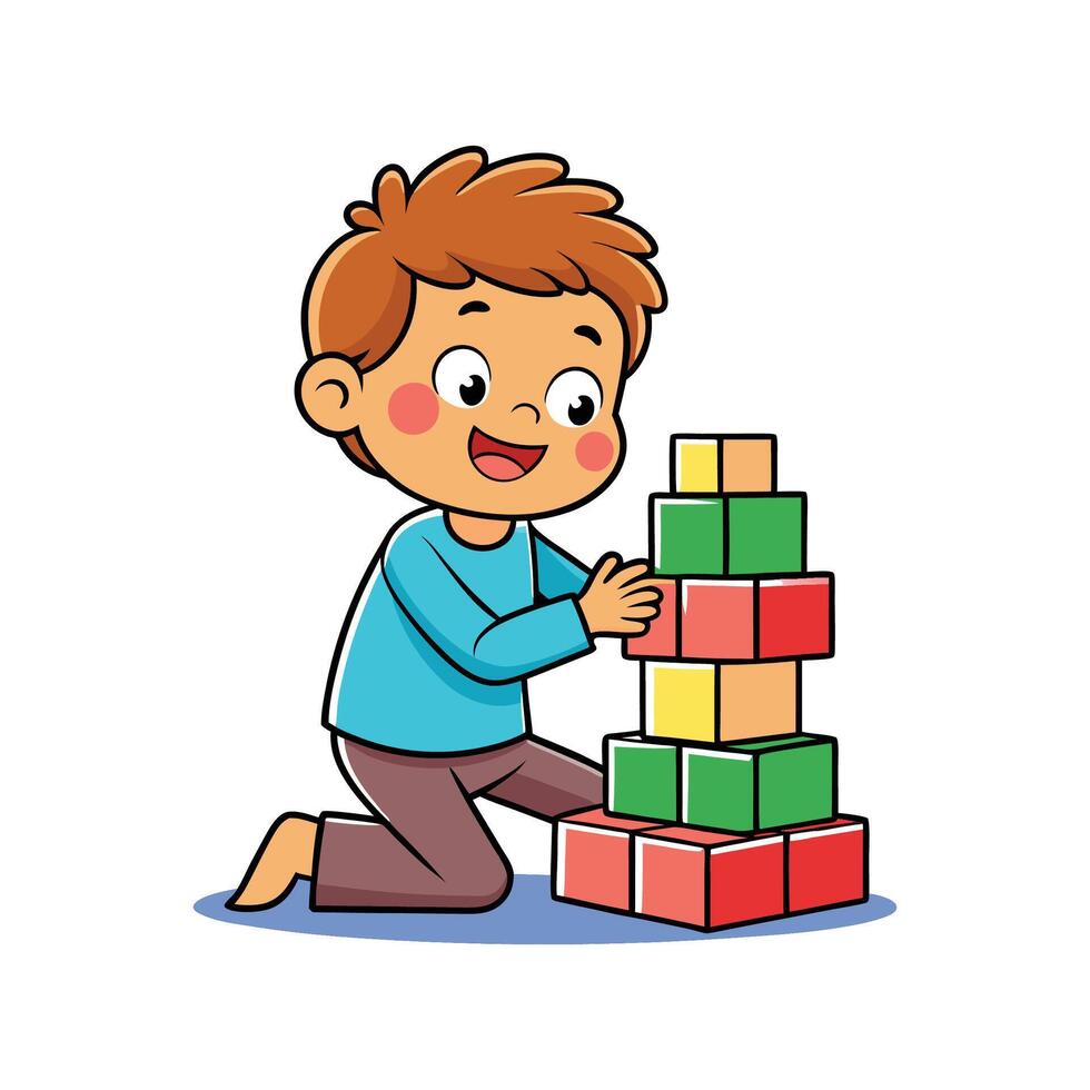 Child Creates Joyful Structures with Toy Blocks vector