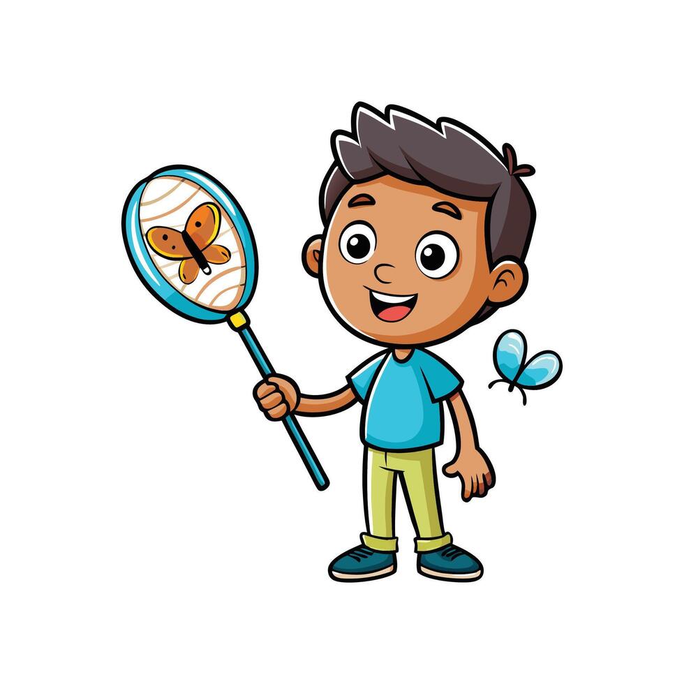 Kid Chasing Fireflies with a Playful Butterfly Net vector