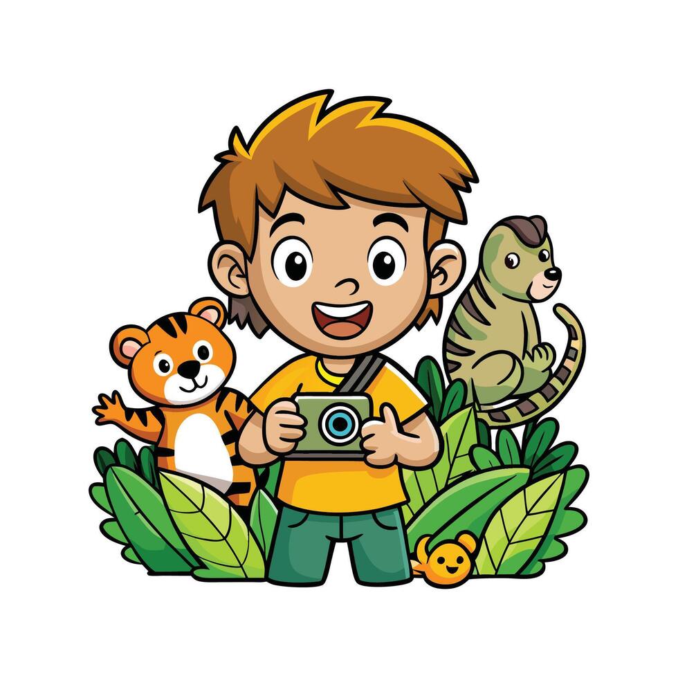 Kid Acting as Photographer with a Toy Camera in Hand vector