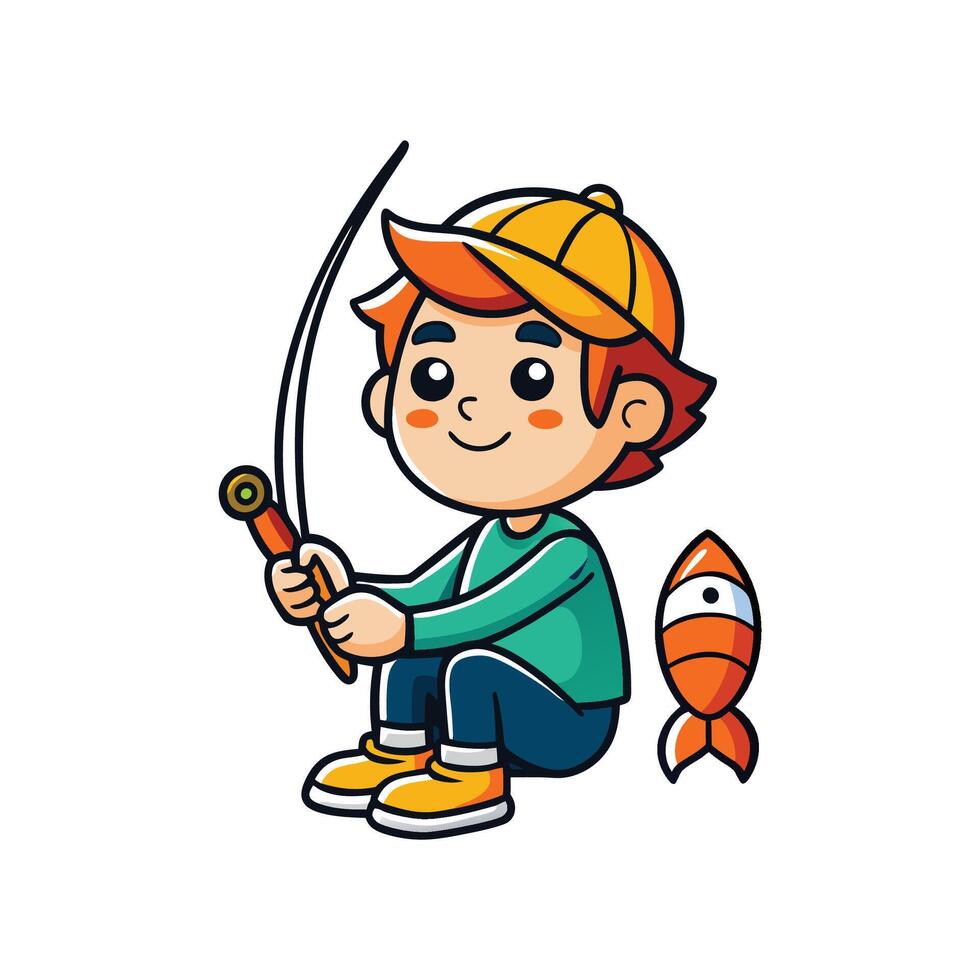 Kid Pretending to Fish with a Toy Rod on Adventure vector