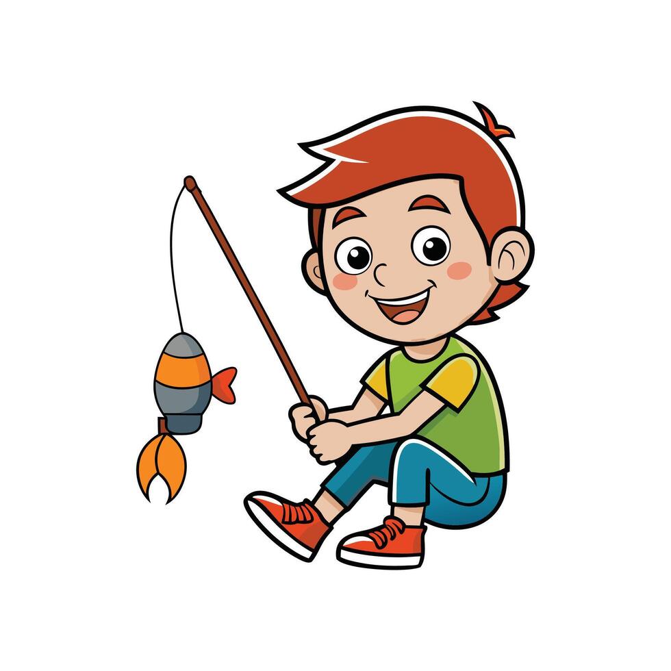 Child Imagining Fun Fishing Adventures with Toy Rod vector