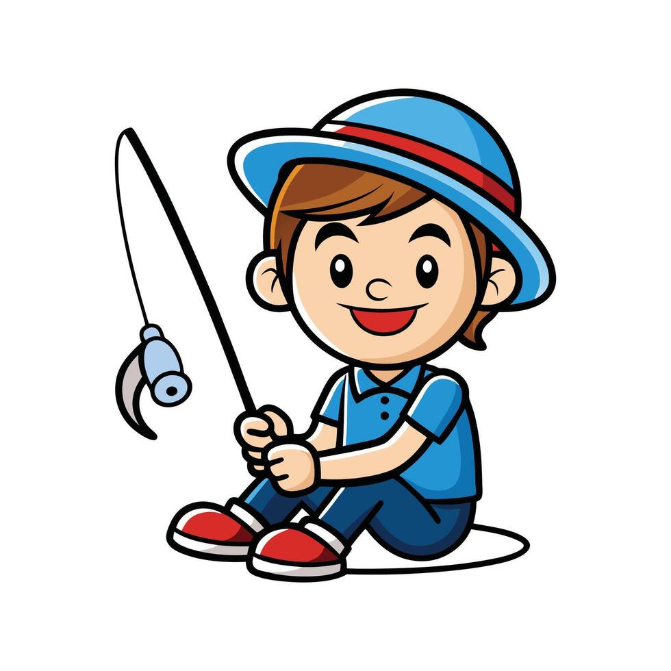 Young Fisherman Pretending to Fish with Toy Rod vector