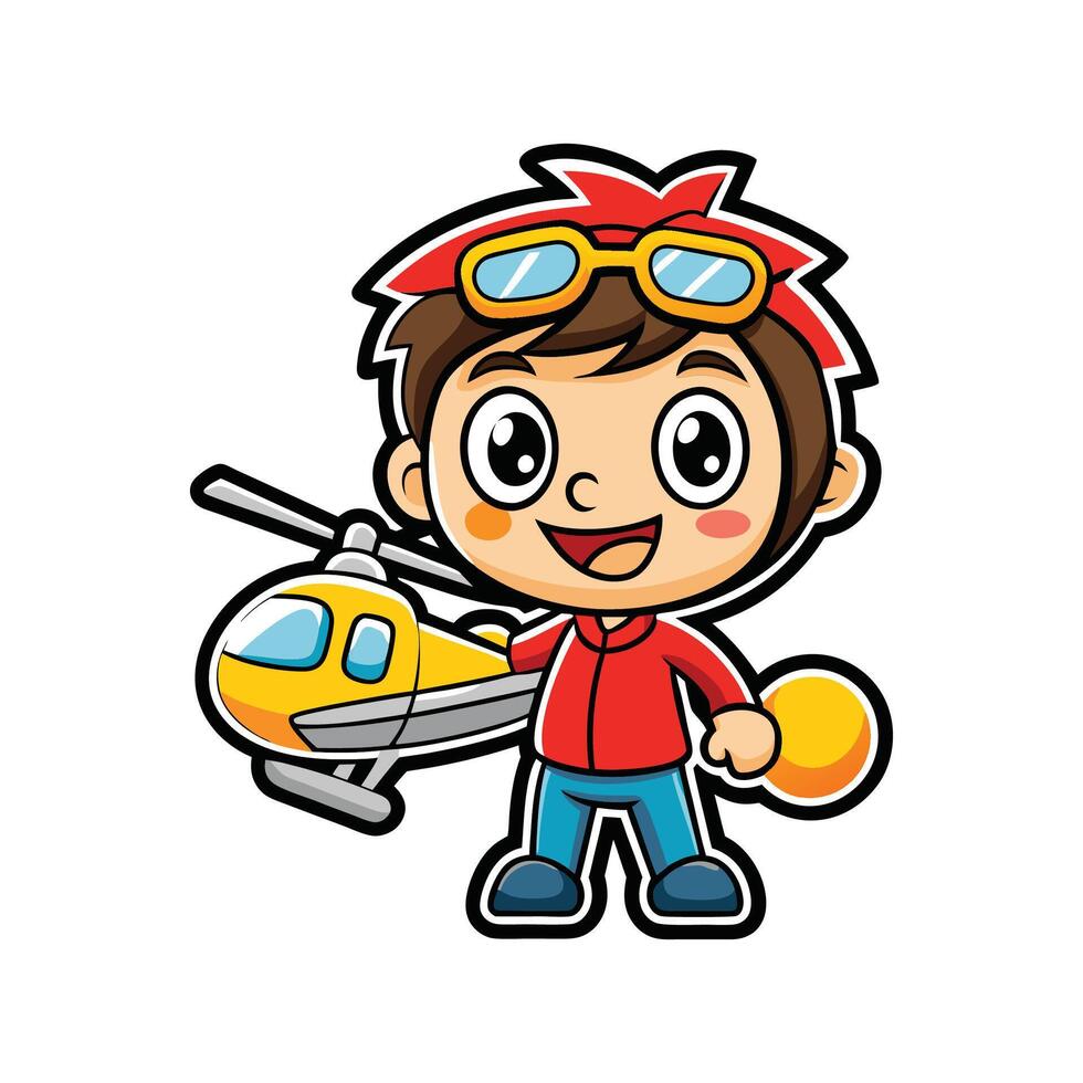 Kid Pretending to Rescue Using Toy Helicopter vector