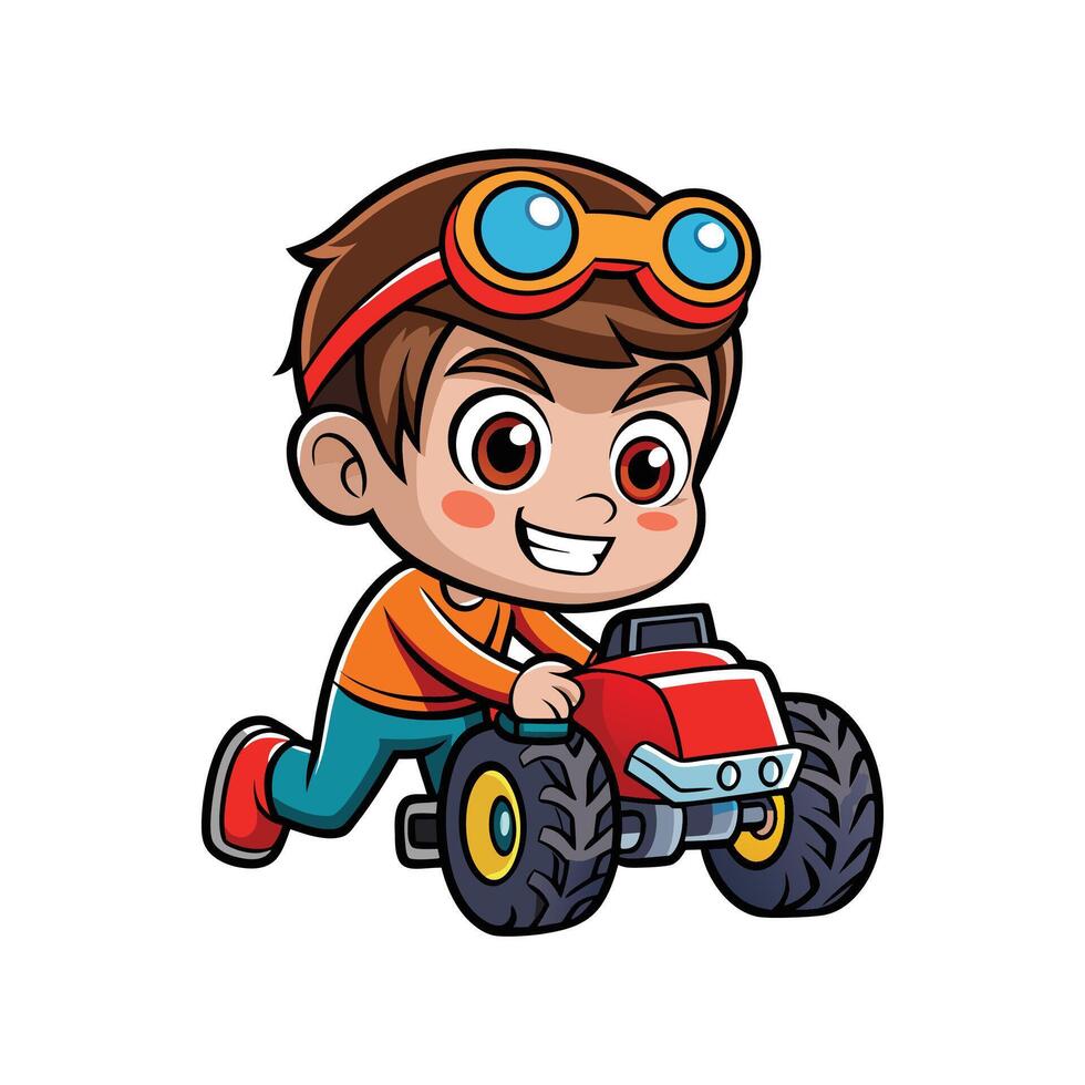 Kid Pretending to Compete with Toy Monster Truck vector