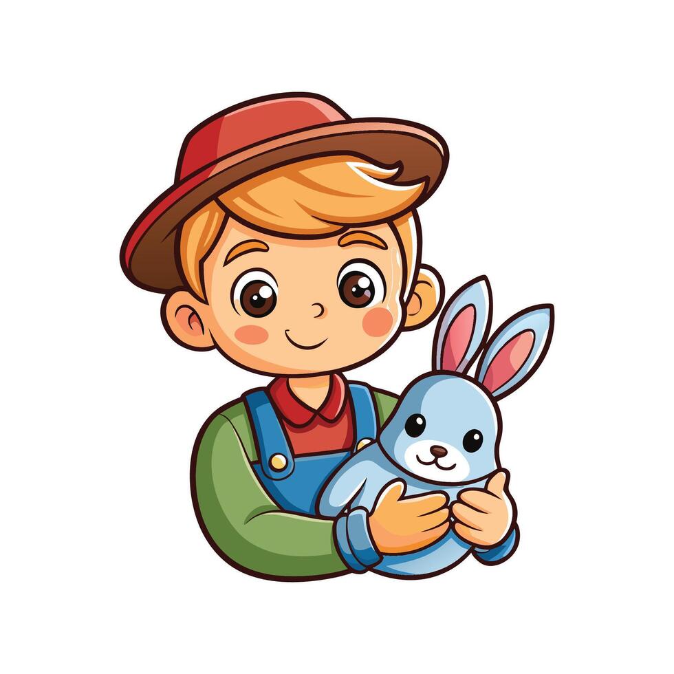 Children Engaging with Toy Rabbit in Farm Play vector