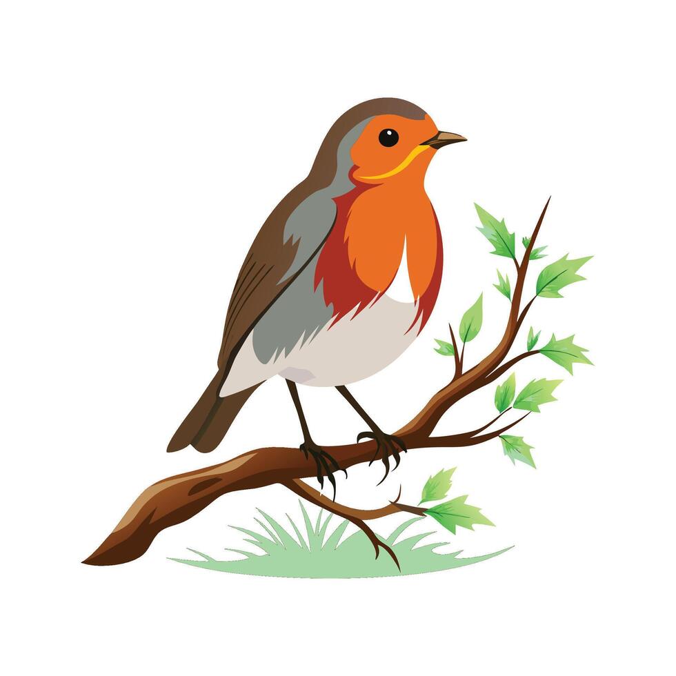 Realistic Robin Perched on Tree Bold Outline Design 1 vector