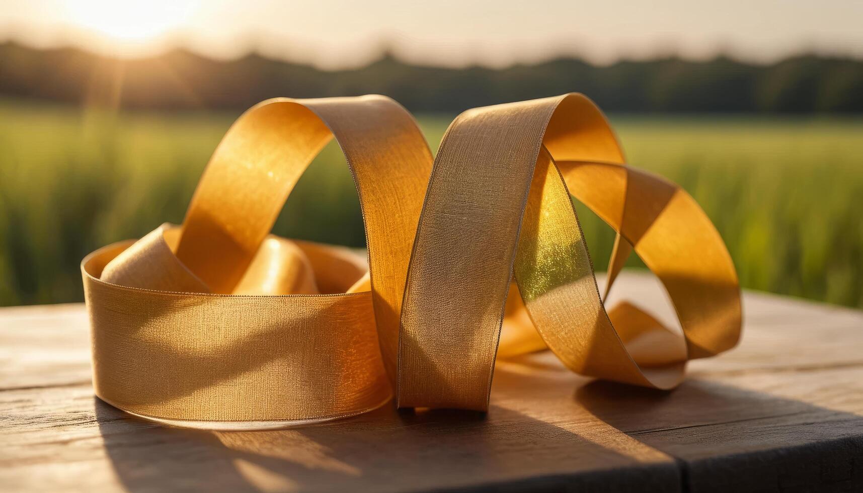 Golden Glitter Ribbon Twirl On Wooden Surface photo