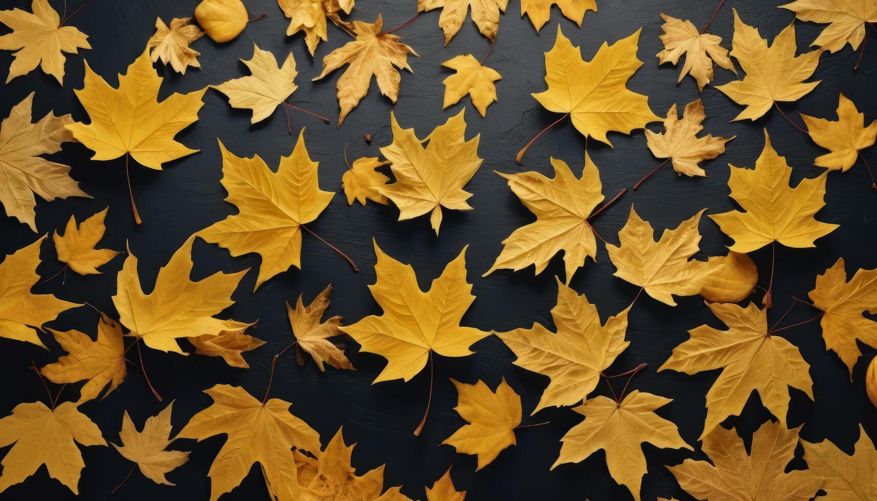 Scattered Yellow Maple Leaves on Dark Surface Creating a Cozy Autumn Atmosphere photo