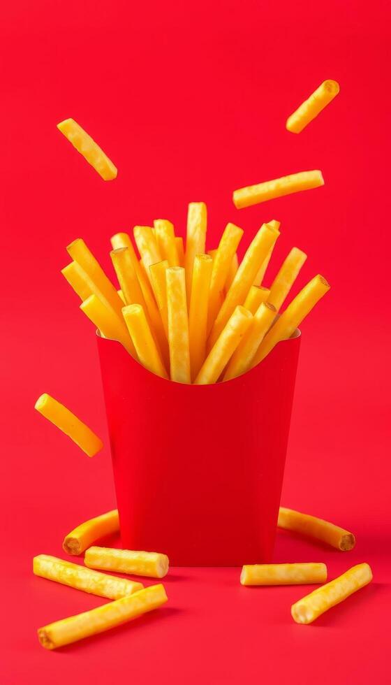Mockup Golden French Fries In Red Cup Against Red Backgrounds with Flying Fries and photo