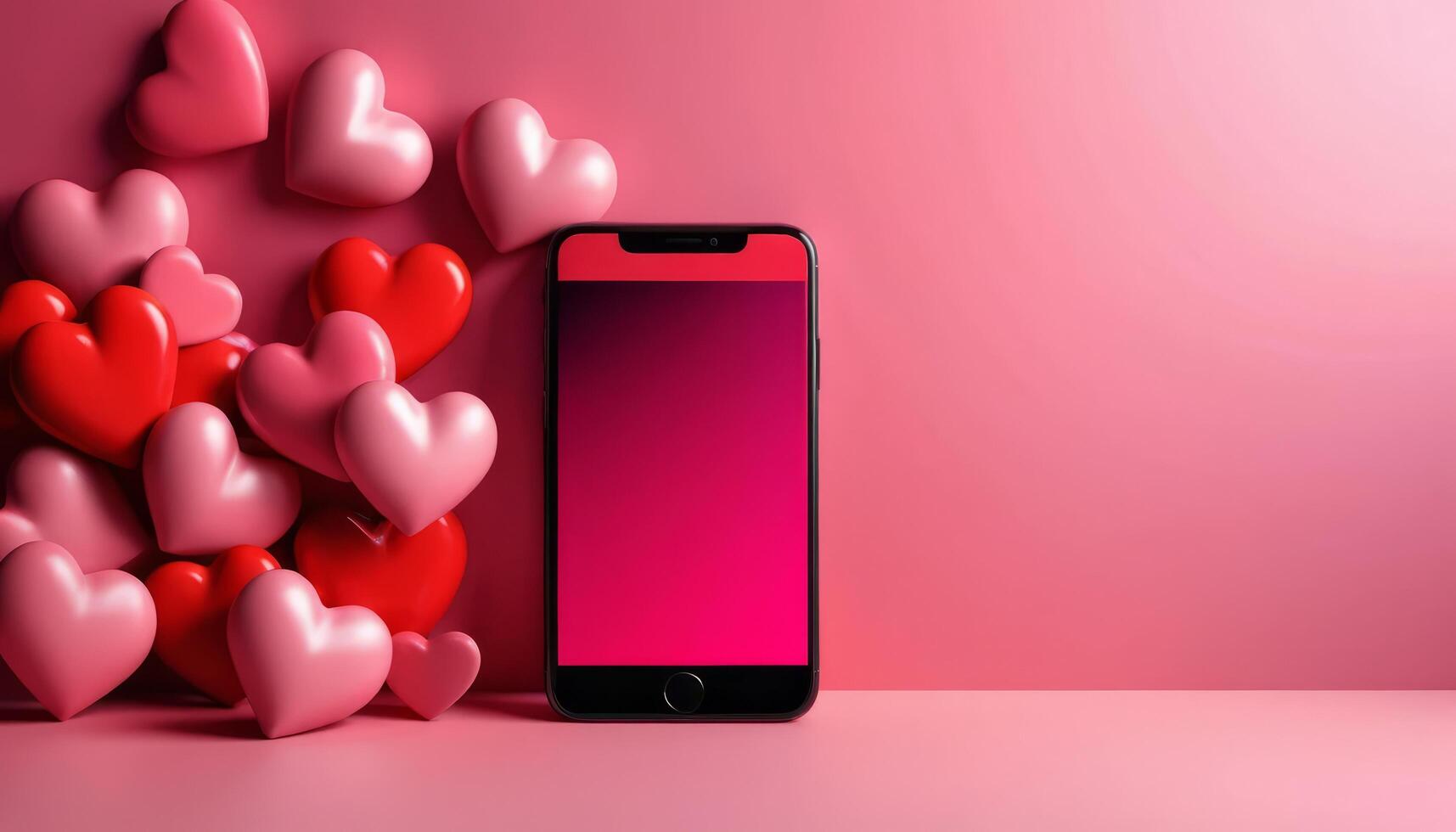 Smartphone Surrounded by Colorful Hearts on a Pink Background with Soft Lighting photo