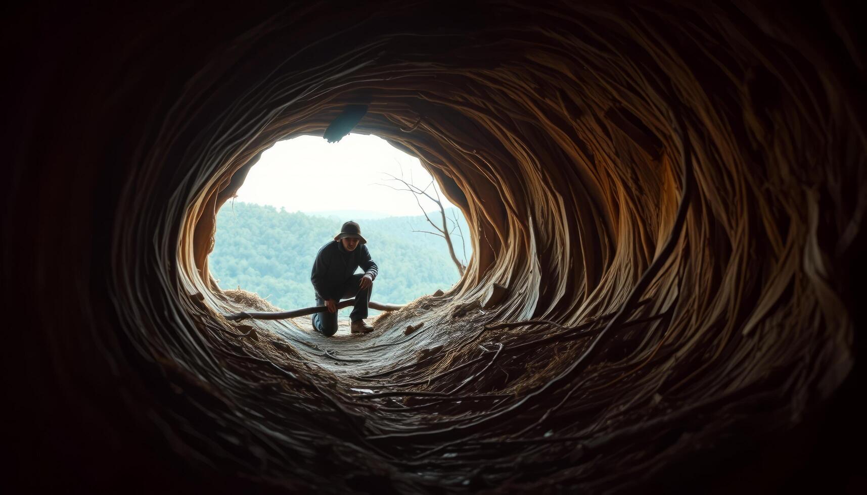 Silhouette of a Man Exploring a Dark Cave Opening to a Bright Mountain View photo
