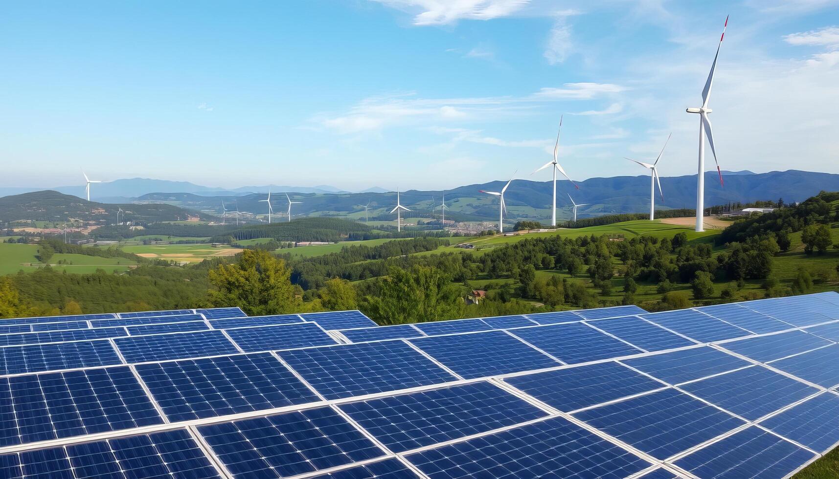 Solar Panels With Wind Turbines And Scenic Landscape photo