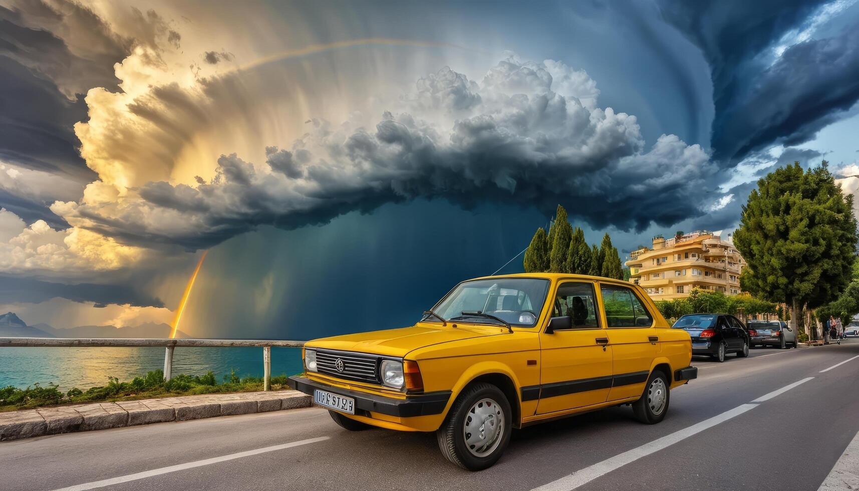Yellow Vintage Car Under Dramatic Storm Clouds and Rainbow photo