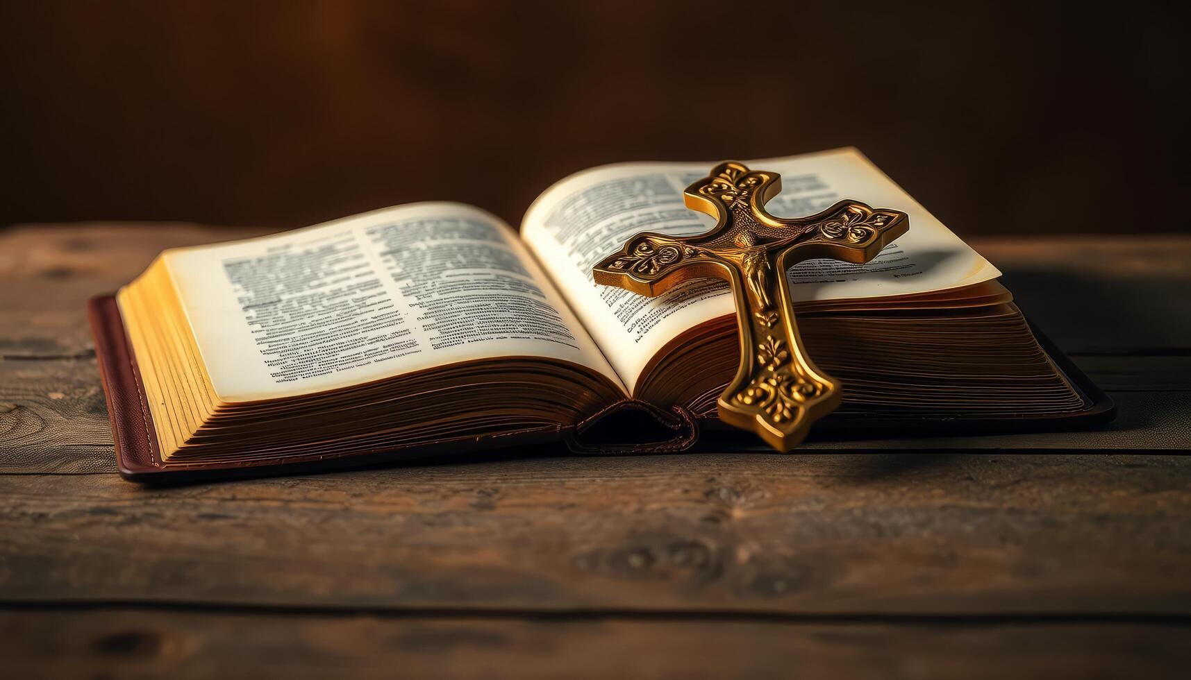 Open Leather-Bound Book With Gold Cross On Wooden Table In Dim Light photo