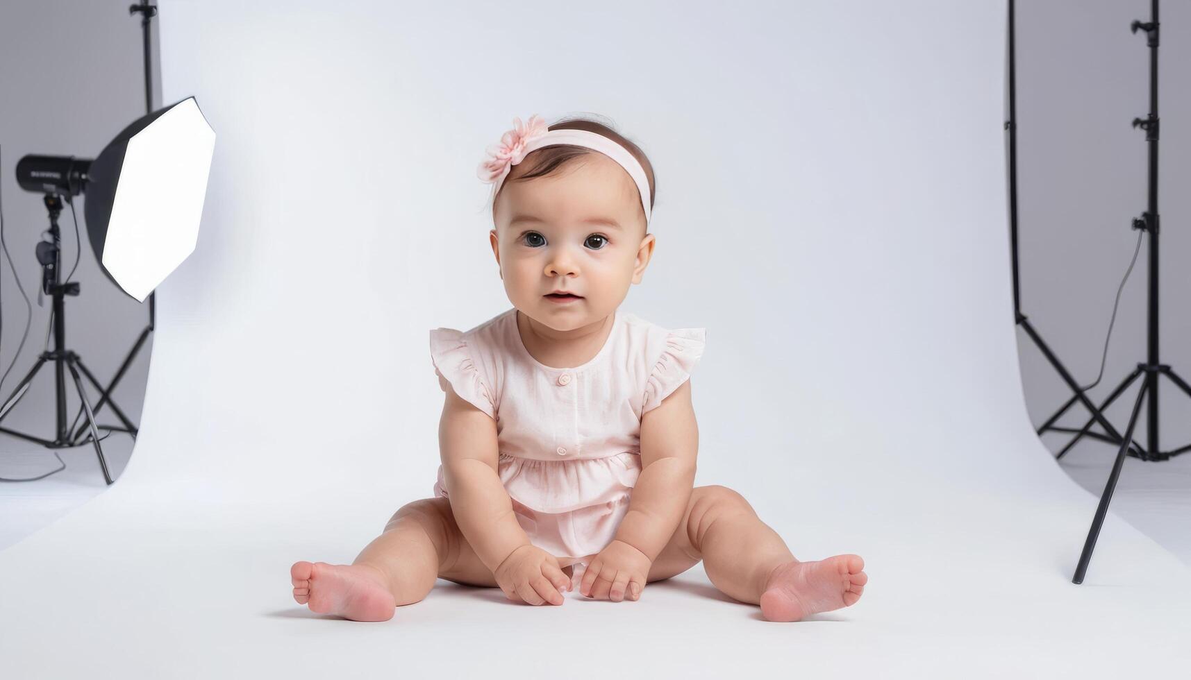 Adorable Baby Girl in Pink Outfit Posing for Studio Photoshoot photo