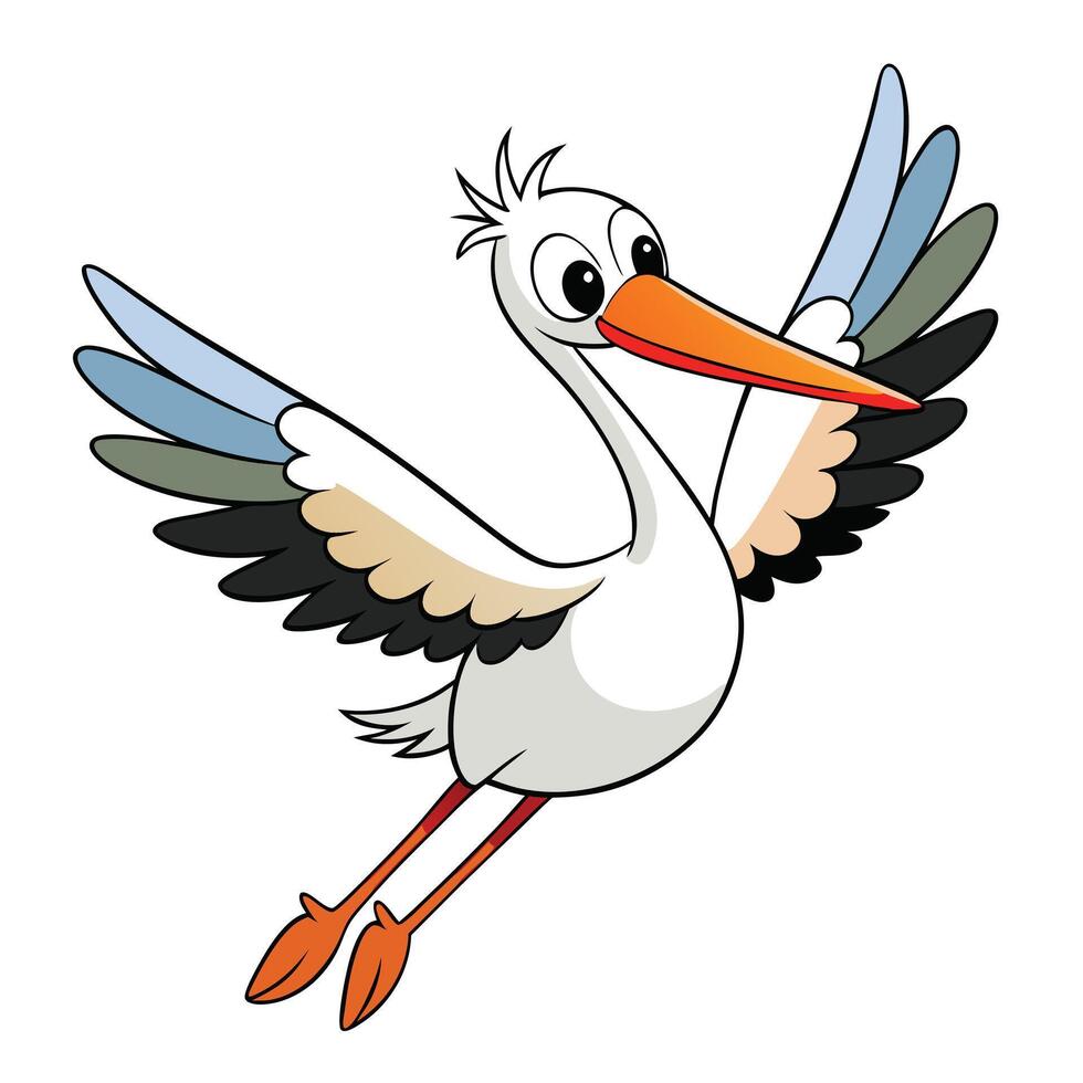 A cartoon stork flying with its wings spread vector