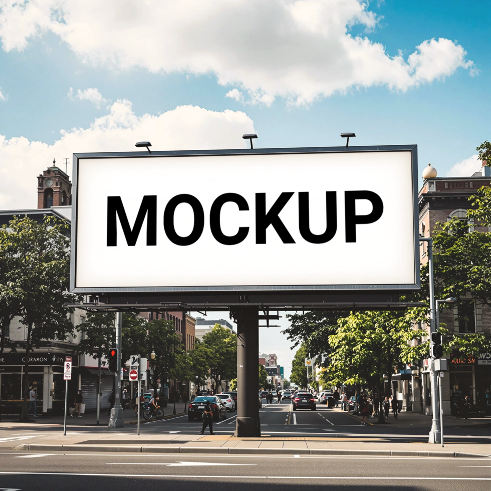 Realistic Mockup Billboard on Road with City View and Blue Sky Background psd