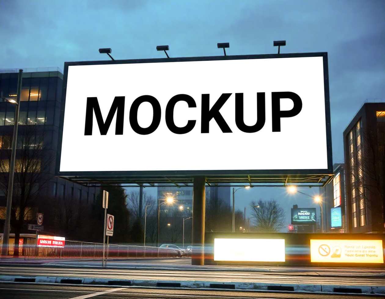 Billboard Mockup on Road with Cityscape and Clear Blue Sky psd