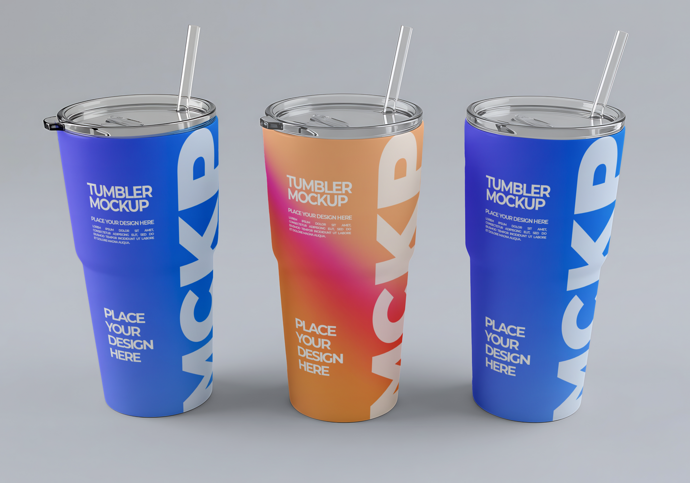 three big tumbler mockup with flat background psd