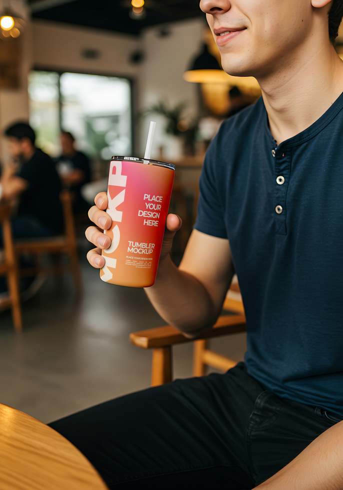 man hold slim tumbler mockup psd