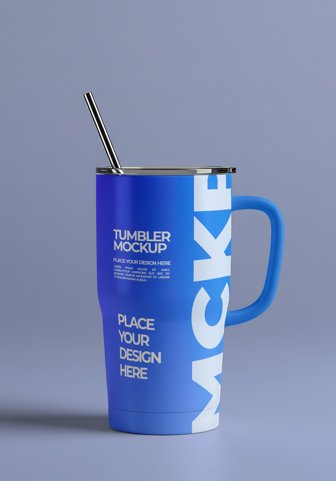 big tumbler with straw mockup psd
