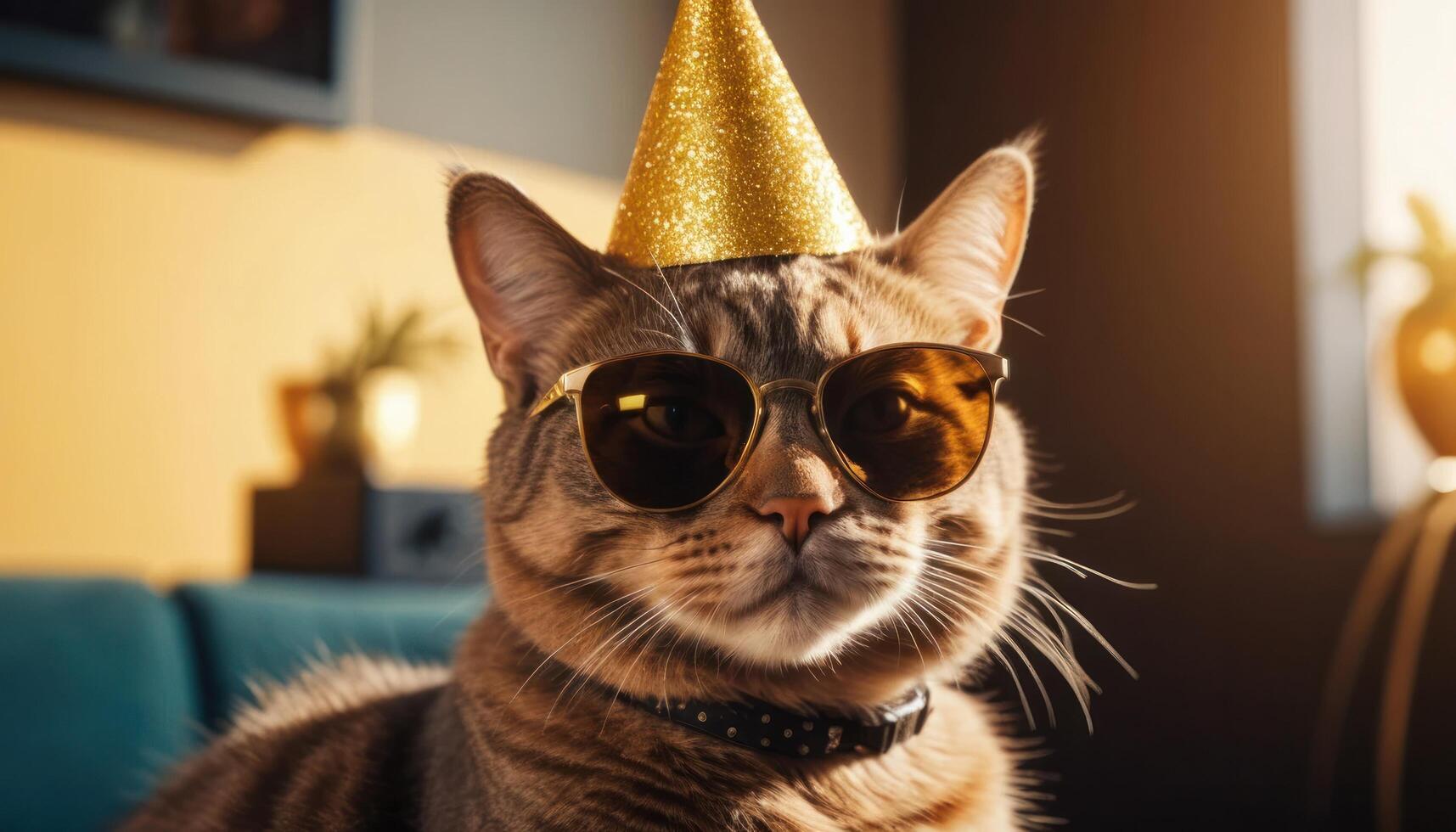 Stylish Cat Wearing Party Hat And Sunglasses With Glasses And A Hat. An Adorable Pet Portrait With Stylish Accessories. In The Style Of A Party Celebration. An Indoor Shot Of A Happy Cat. With A photo