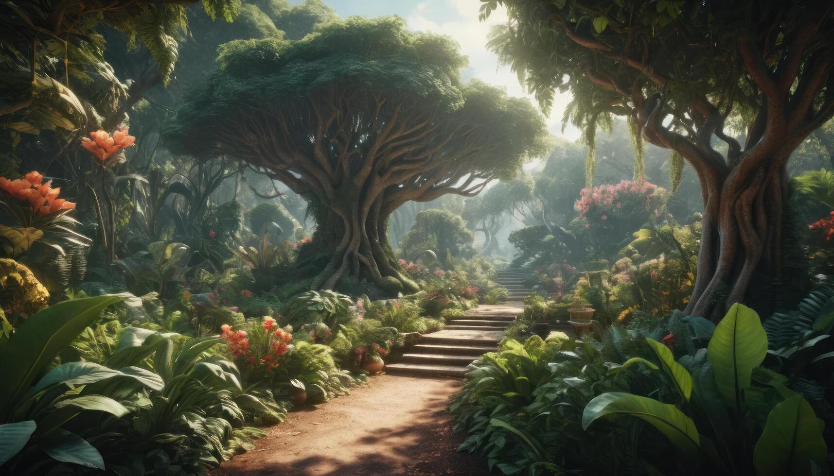 Nature Path Through Lush Foliage And Flowers Path Through The Forest And Garden Full Of Plants With Vivid Colors Like Green And Pink And Brown With Sunlight photo