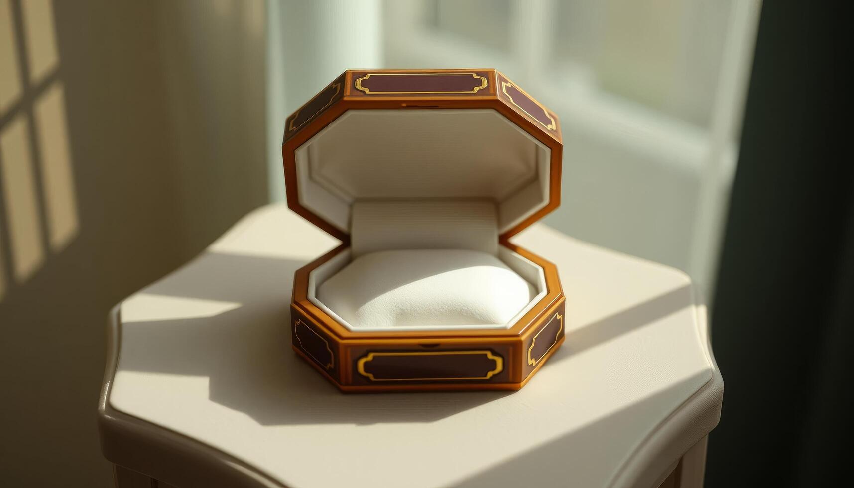 Elegant Octagonal Brown Wooden Jewelry Box With White Lining photo
