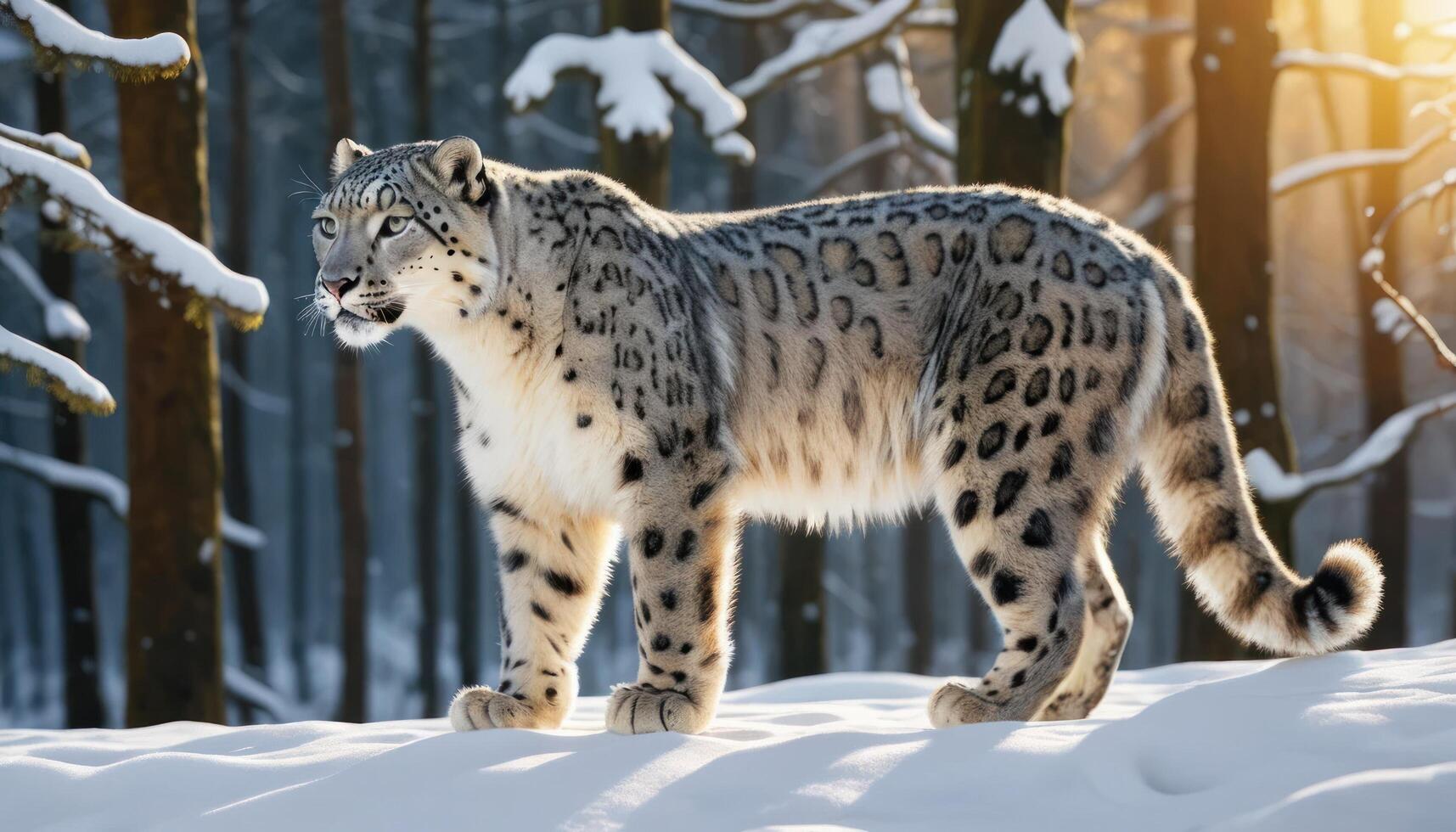 Snow Leopard In Snowy Forest At Sunrise photo