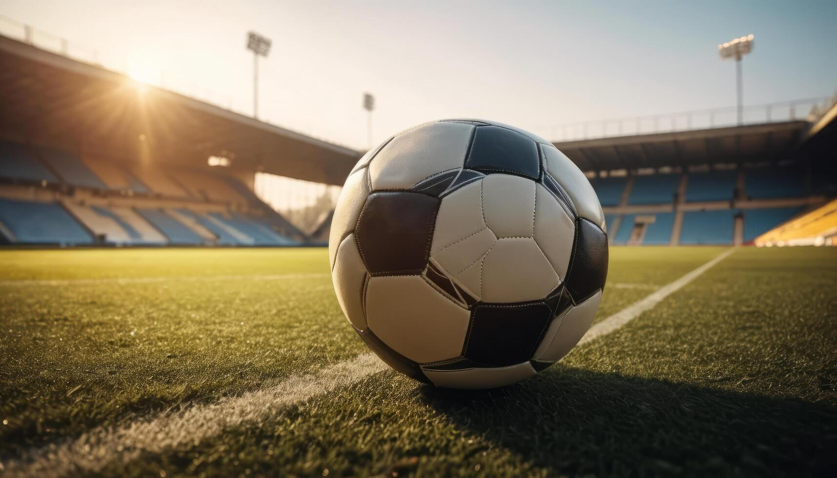 Soccer Ball On Grassy Field Of Empty Stadium Under Sunlight photo