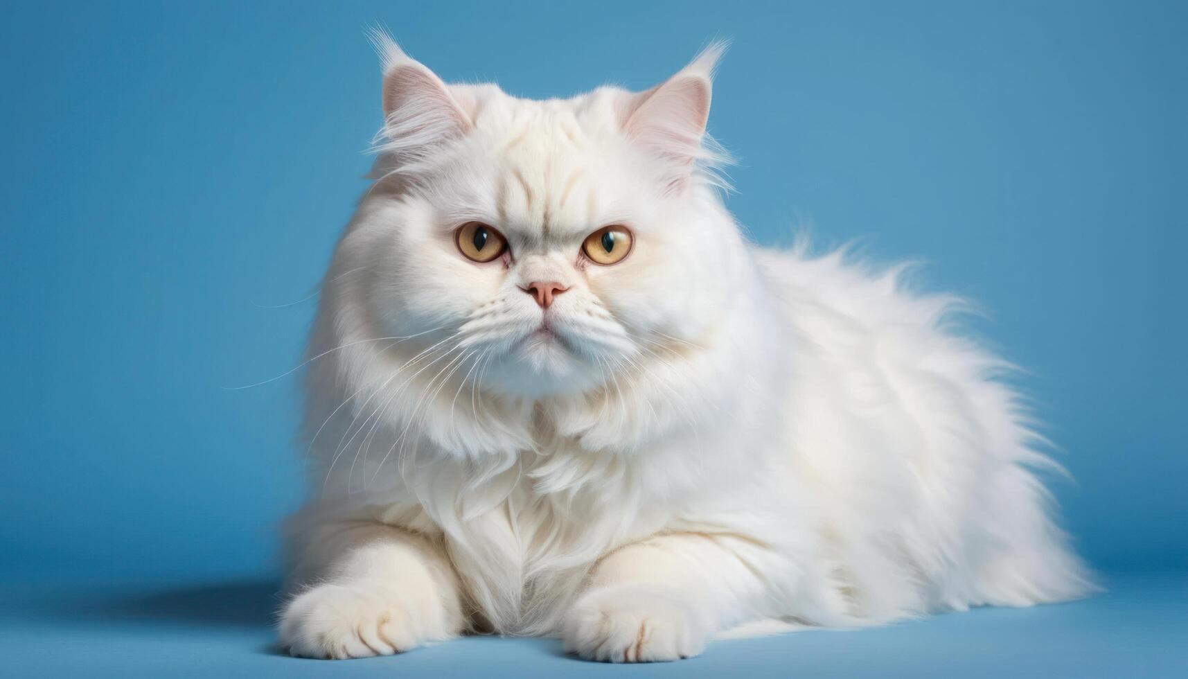 Fluffy Cat Portrait Against Solid Color Background With Focus On Detail And Animal Features Close Up Calm Pet Portrait Studio Shot Elegant Mammal Portrait Against Light Blue Background Lying photo