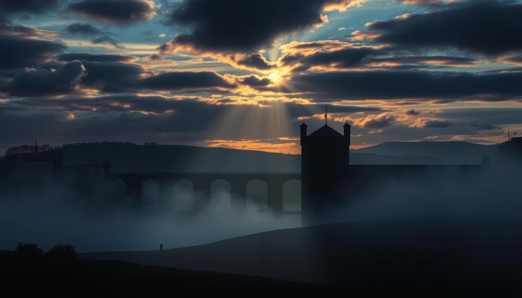 Dramatic Sunset Over A Bridge And Stone Buildings With Atmospheric Fog In Evening photo