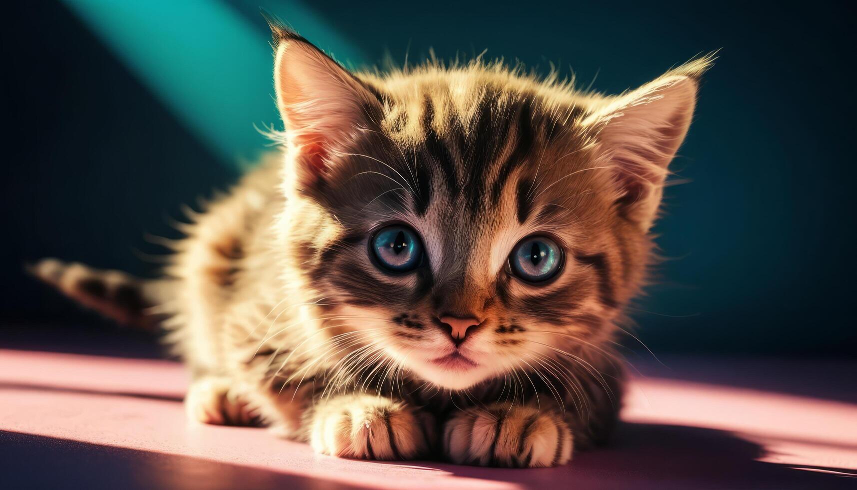 Playful Tabby Kitten with Striking Blue Eyes Bathed in Soft Light on Colorful Background photo