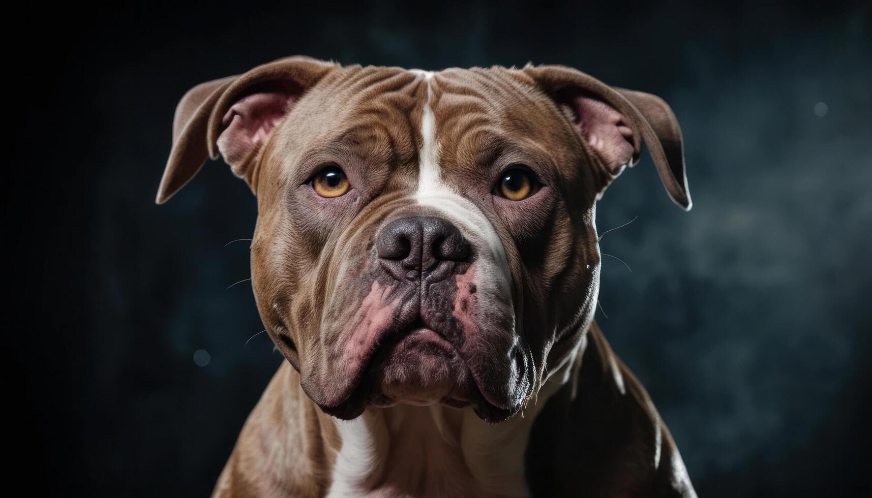 Powerful Brown and White Pitbull Portrait Against Dark Background photo