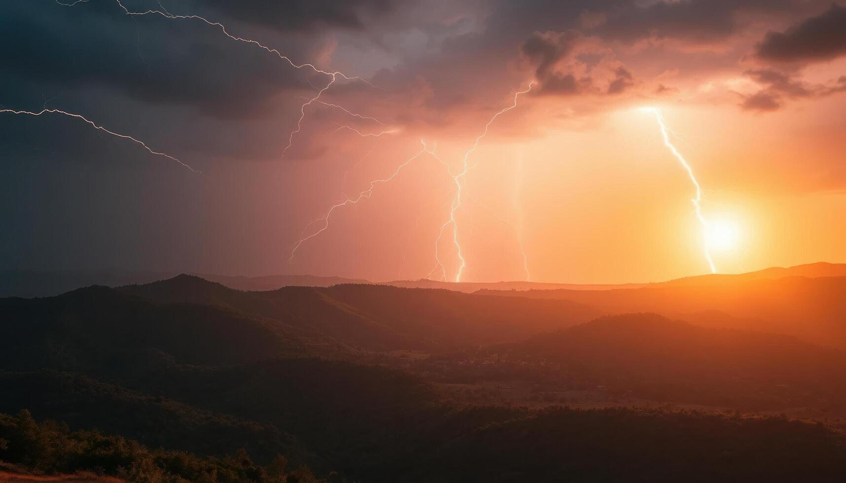 Dramatic Lightning Storm Sunset Over Hills photo