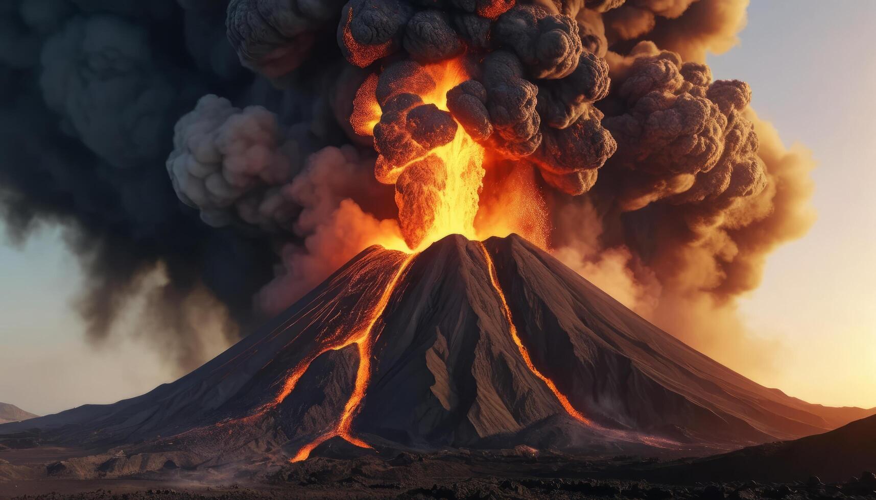 Fiery Volcanic Eruption with Lava Flows and Dark Ash Clouds photo