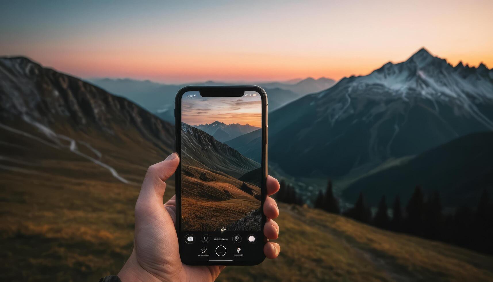 Hand Holding Smartphone Displaying Sunrise Over Mountain Landscape with Orange and Purple Sky photo